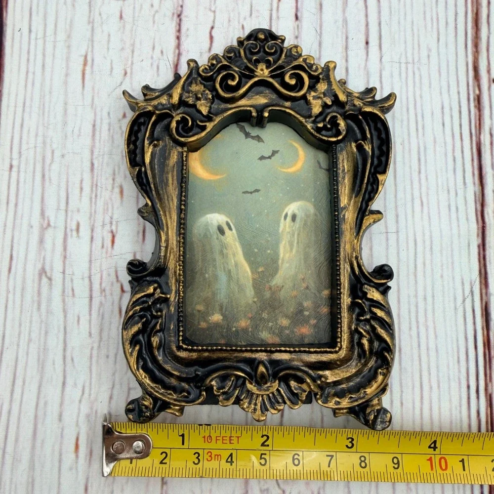 Handmade Gothic Ghost Art Print Ornate Black Gold Resin Frame Spooky Decor